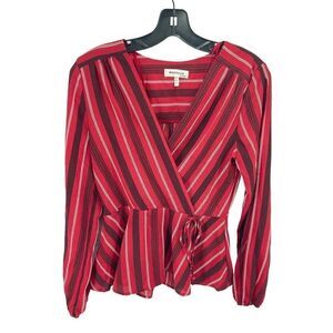 Monteau Womens Wrap Blouse Top Long Sleeve Striped Peplum Stretch Medium Red